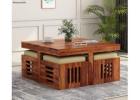 Petlin Sheesham Wood Coffee Table with 4 Stools – Honey Finish, Stylish Center Table for Living Room