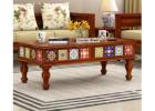 Boho Sheesham Wood Coffee Table with Ceramic Tiles - Honey Finish, Artistic Center Table for Living