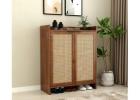 Wexford Solid Mango Wood Shoe Rack – Elegant Storage with Breathable Cane Panels