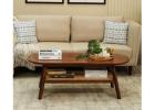 Sylvie: Sheesham Wood Coffee Table with Brass & Cane (Teak Finish)