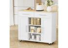 Elegant White Kitchen Island Trolley with Storage Cabinet