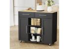 Modern Black Kitchen Island Trolley with Drawer & Cabinet Storage